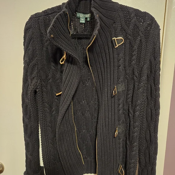 Ralph Lauren Black Cable Knit Turtleneck Sweater with Gold Buckles - Picture 7 of 11